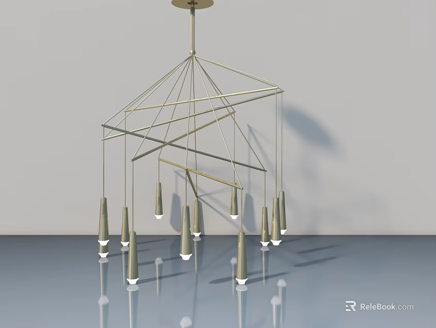 Modern Geometric Chandelier Featuring Metal Frame Conical Lights and Reflections 3d model 