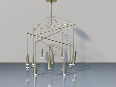 Modern Geometric Chandelier Featuring Metal Frame Conical Lights and Reflections 3d model