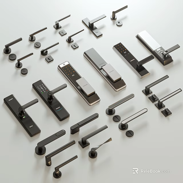 Modern Door Handles With Various Designs Including Smart Lock And Traditional Styles 3d model 