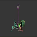 Wooden Outdoor Chair With Small Chalkboard Green Trash Bin And Lamp Post
