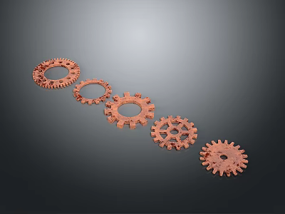 Red Gear Mechanical Equipment Arranged In Straight Line With Gray Background 3d model