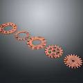 Red Gear Mechanical Equipment Arranged In Straight Line With Gray Background