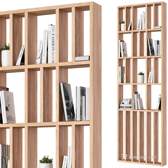 Wooden Partition with Multi Shelf Design Holding Books and Small Potted Plants 3d model 