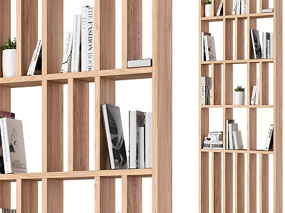 Wooden Partition with Multi Shelf Design Holding Books and Small Potted Plants 3d model