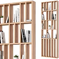 Wooden Partition with Multi Shelf Design Holding Books and Small Potted Plants