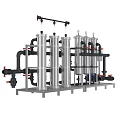 Industrial Water Treatment Equipment With Stainless Steel Tanks Pipes Valves Blue Pump And Control Panel