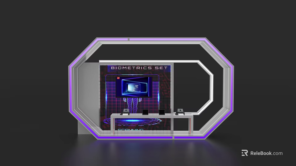 Biometrics Set Activity Exhibition Wall With Octagonal Design Purple Lighting And Display Screen 3d model 