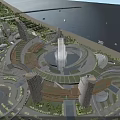 Modern Beachfront Hotel Building With Circular Fountain Green Rooftops Tall Towers And Ocean View