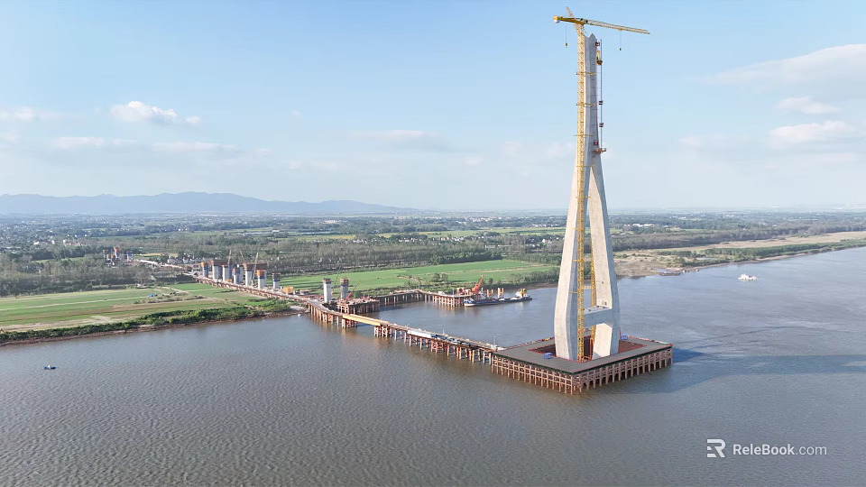 Massive Cable Stayed Bridge Under Construction With Tower Crane Spanning The Wide Calm River 3d model 