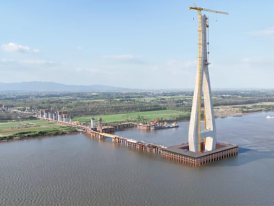 Massive Cable Stayed Bridge Under Construction With Tower Crane Spanning The Wide Calm River 3d model