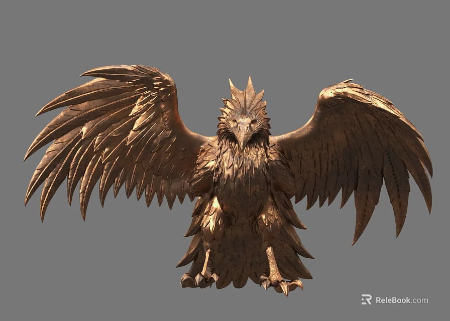 Golden Eagle Sculpture With Spread Wings And Intricate Feather Carving Details 3d model 