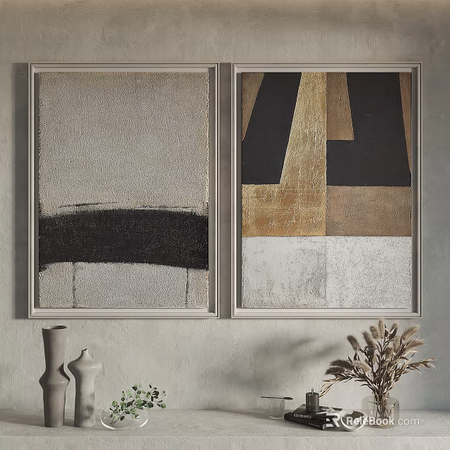Two Abstract Wall Paintings With Geometric Patterns And Decorative Vase Plants 3d model