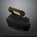 Antique Vintage Iron Appliance With Wooden Handle And Metal Base Features