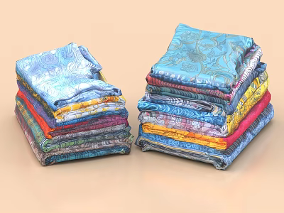 Colorful Patterned Clothes Stacked in Piles with Various Hues and Intricate Designs 3d model