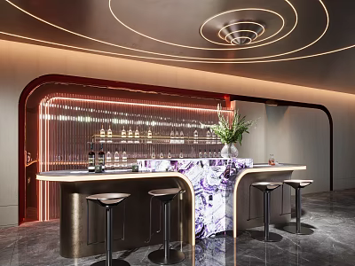 Modern Bar Counter With Marble Top Bar Stools Ambient Lighting And Green Plants 3d model