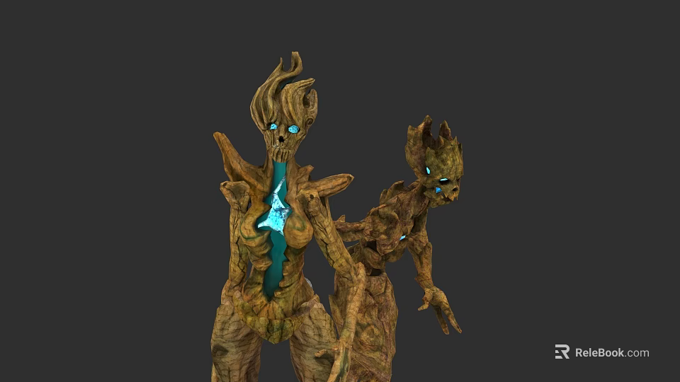 Fantasy Tree Characters And Creatures With Wooden Body Glowing Blue Eyes And Blue Chest 3d model 