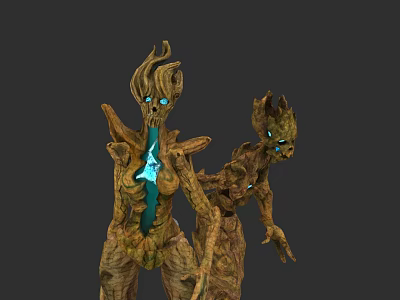 Fantasy Tree Characters And Creatures With Wooden Body Glowing Blue Eyes And Blue Chest 3d model