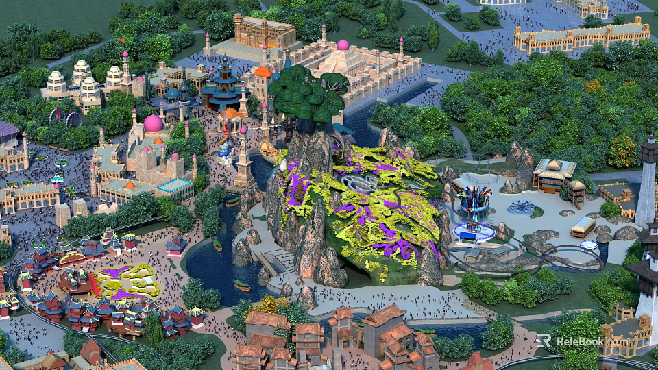 Amusement Park Featuring Mountain Structure Colorful Decorations Water Area Trees Buildings and Crowded Visitors 3d model 