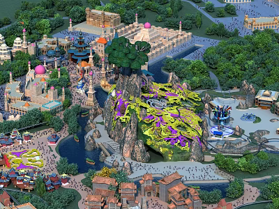 Amusement Park Featuring Mountain Structure Colorful Decorations Water Area Trees Buildings and Crowded Visitors 3d model