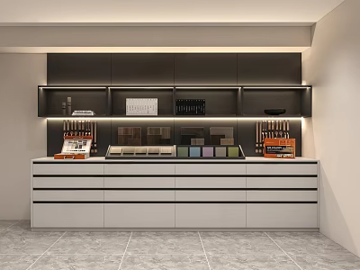Modern Specialty Store Interior With Black White Cabinets And Color Samples On Counter 3d model