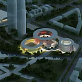 Modern Circular Architectural Complex Illuminated in Urban Area With Greenery and Roads 3d model