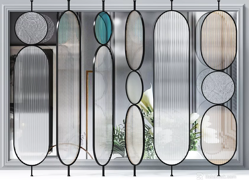 Modern Geometric Glass Room Divider With Transparent Panels And Black Frame 3d model 