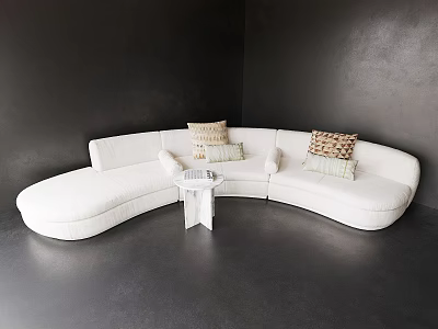 White Curved Sofa and Coffee Table Set with Decorative Cushions in Modern Dark Interior Space 3d model
