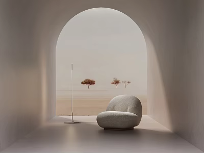 Curved Single Sofa With Floor Lamp In Arched Minimalist Interior Desert Background Design 3d model