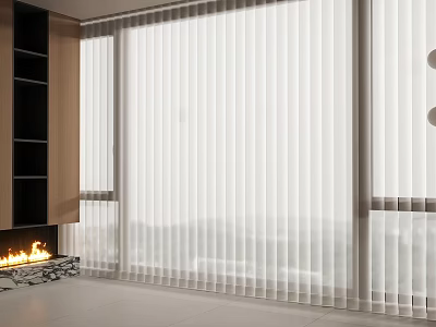 White Vertical Blinds In Modern Living Room With Fireplace And Shelves 3d model