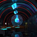 Futuristic Bar With Neon Red Lighting Round Bar Counter Hi tech Decor And Reflective Floor