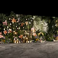 Romantic Garden Decor With Greenery Flowers String Lights And Paper Birds
