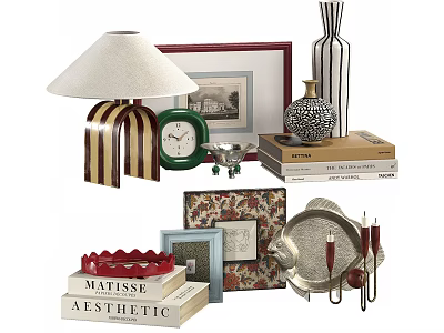 Stylish Decorative Ornament Set with Table Lamp Picture Frame Vases Clock Books and Decorative Plate 3d model