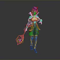 Fantasy Woman With Green Hair Wearing Decorative Hat And Holding Lantern