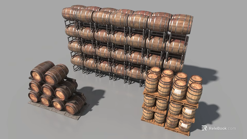Large Warehouse Storage Shelves Neatly Filled With Stacked Wooden Barrels 3d model 
