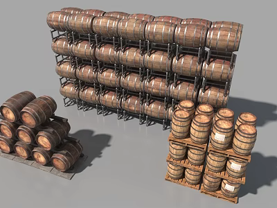 Large Warehouse Storage Shelves Neatly Filled With Stacked Wooden Barrels 3d model