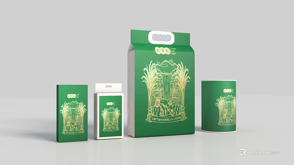 Green Ornament Decoration Set With Golden Rice Ear Patterns And Bags Boxes Cup 3d model 