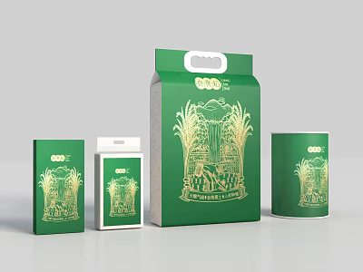 Green Ornament Decoration Set With Golden Rice Ear Patterns And Bags Boxes Cup 3d model