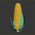 3D Blocky Yellow Corn Cob With Green Leaves And Realistic Design