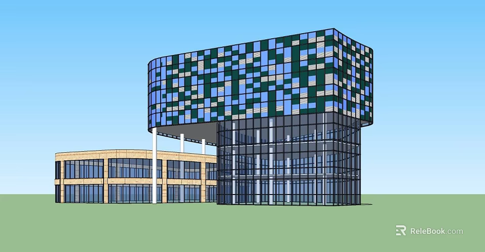 Modern Commercial Complex With Glass Facade Blue Green Square Panels And Adjacent Beige Structure 3d model 