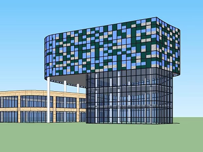 Modern Commercial Complex With Glass Facade Blue Green Square Panels And Adjacent Beige Structure 3d model