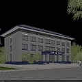 Modern Multi story Office Building With White Exterior Blue Roof And Trees Around Entrance
