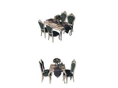 Elegant Dining Table Set With Four Carved Chairs And Floral Centerpiece 3d model