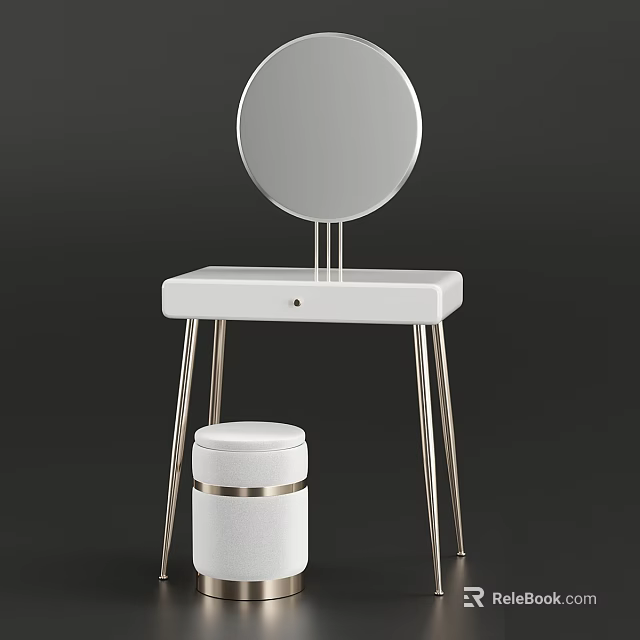Modern Minimalist Dressing Table With Round Mirror White Top Metal Legs And Matching Stool 3d model 