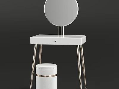 Modern Minimalist Dressing Table With Round Mirror White Top Metal Legs And Matching Stool 3d model