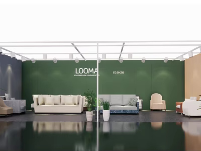 LOOMA Exhibition Booth Design With Sofas Plants Green Gray Beige Walls And Reflective Floor 3d model