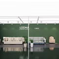 LOOMA Exhibition Booth Design With Sofas Plants Green Gray Beige Walls And Reflective Floor