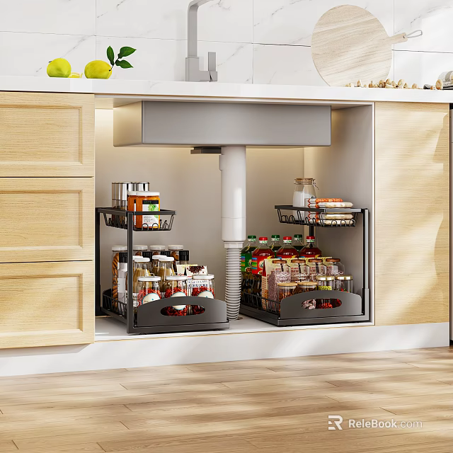 Kitchen Cabinet Storage With Pull Out Baskets Holding Spices Jars And Cans In Wooden Design 3d model 