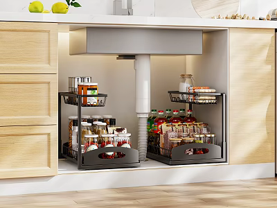 Kitchen Cabinet Storage With Pull Out Baskets Holding Spices Jars And Cans In Wooden Design 3d model