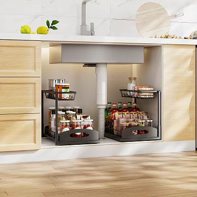 Kitchen Cabinet Storage With Pull Out Baskets Holding Spices Jars And Cans In Wooden Design 3d model