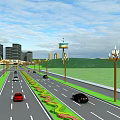 Modern Urban Road Facilities With Street Lamps Central Greenery And Moving Vehicles